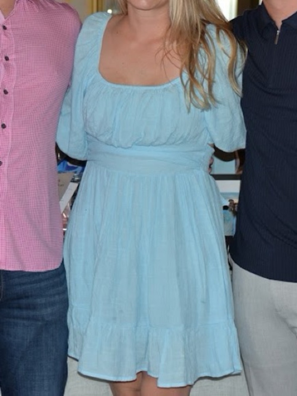 Light Blue Puff-Sleeve Mini Dress with Scoop Neck